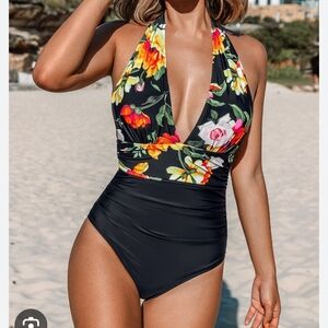 Cupshe Black Floral One Piece Swimsuit XS Halter V Neck Ruched Waist NWT